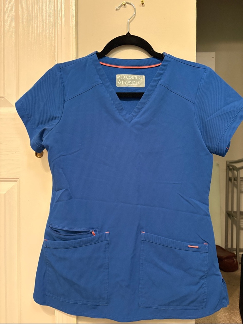 Med Couture Blue V-Neck Scrub Top with Patch Pockets